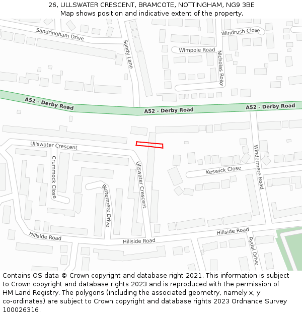 26, ULLSWATER CRESCENT, BRAMCOTE, NOTTINGHAM, NG9 3BE: Location map and indicative extent of plot