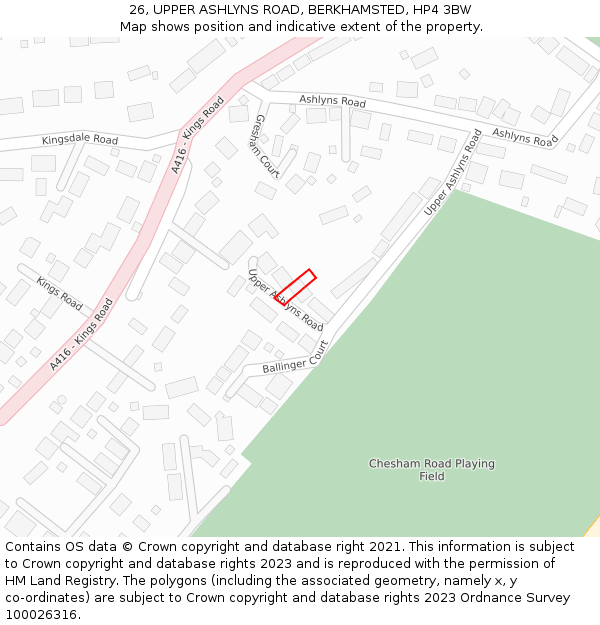 26, UPPER ASHLYNS ROAD, BERKHAMSTED, HP4 3BW: Location map and indicative extent of plot