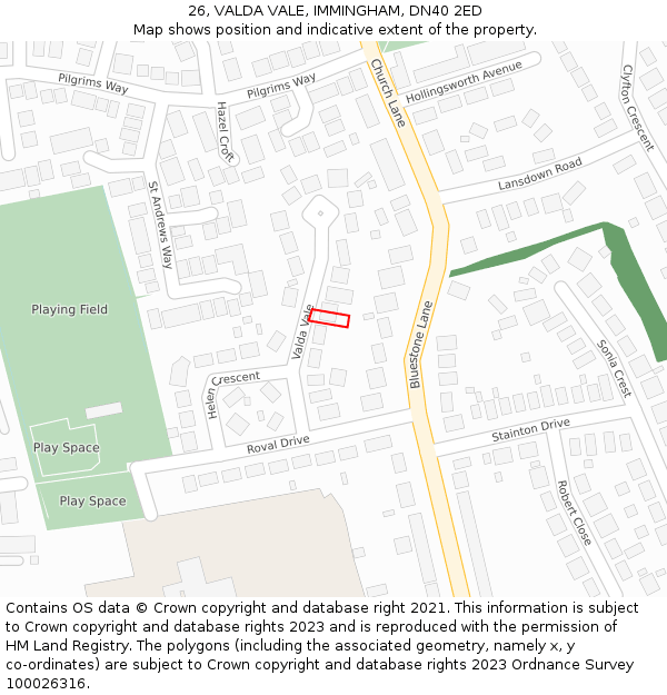 26, VALDA VALE, IMMINGHAM, DN40 2ED: Location map and indicative extent of plot