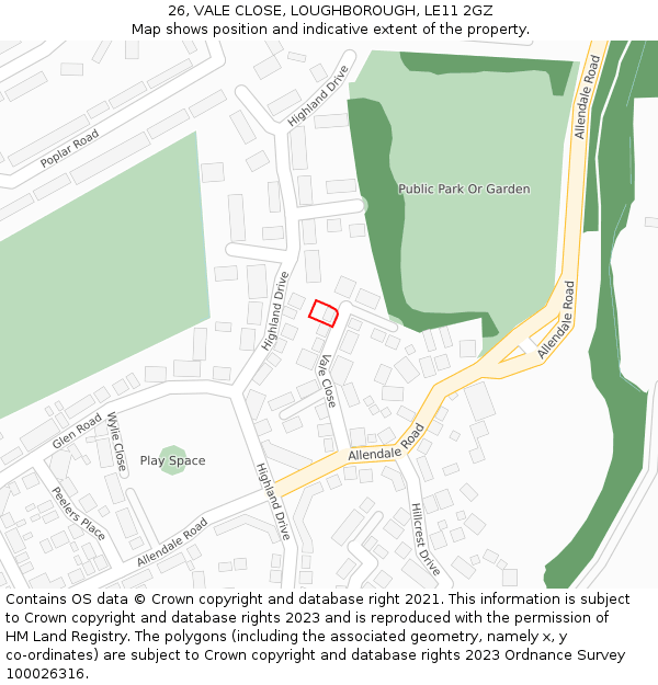 26, VALE CLOSE, LOUGHBOROUGH, LE11 2GZ: Location map and indicative extent of plot