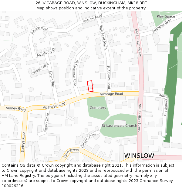 26, VICARAGE ROAD, WINSLOW, BUCKINGHAM, MK18 3BE: Location map and indicative extent of plot