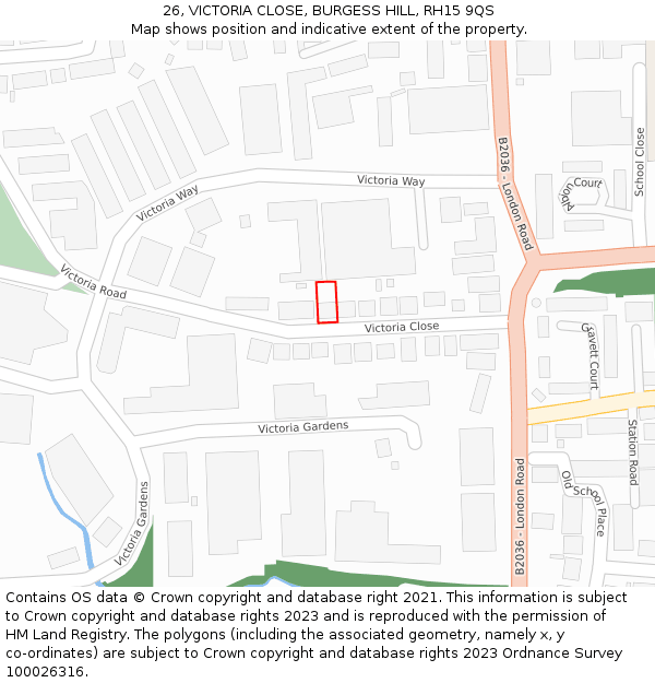 26, VICTORIA CLOSE, BURGESS HILL, RH15 9QS: Location map and indicative extent of plot