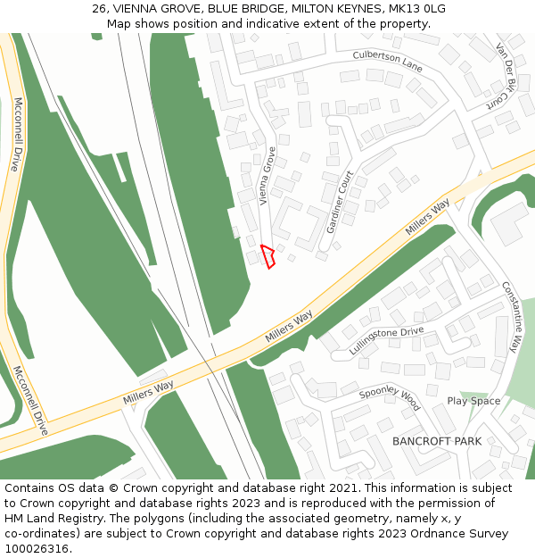 26, VIENNA GROVE, BLUE BRIDGE, MILTON KEYNES, MK13 0LG: Location map and indicative extent of plot