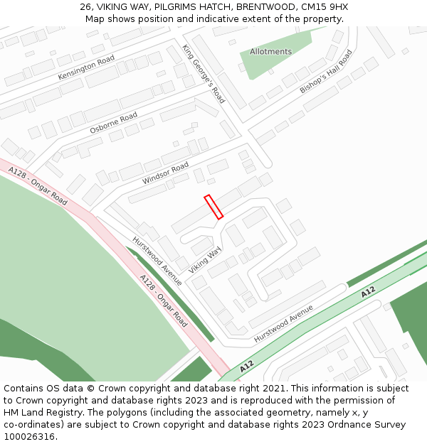 26, VIKING WAY, PILGRIMS HATCH, BRENTWOOD, CM15 9HX: Location map and indicative extent of plot