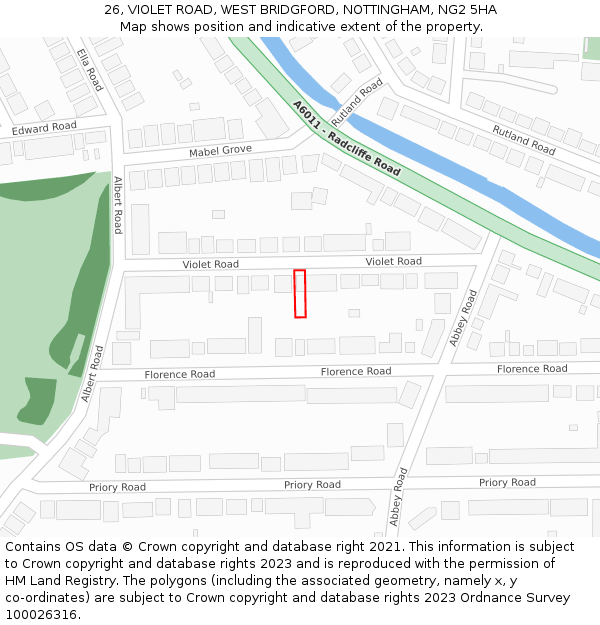 26, VIOLET ROAD, WEST BRIDGFORD, NOTTINGHAM, NG2 5HA: Location map and indicative extent of plot