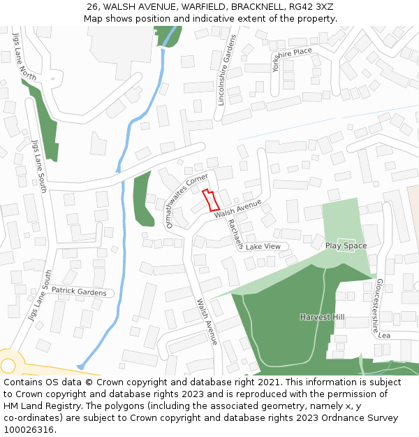 26, WALSH AVENUE, WARFIELD, BRACKNELL, RG42 3XZ: Location map and indicative extent of plot