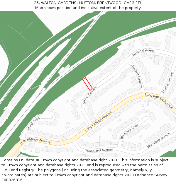 26, WALTON GARDENS, HUTTON, BRENTWOOD, CM13 1EL: Location map and indicative extent of plot