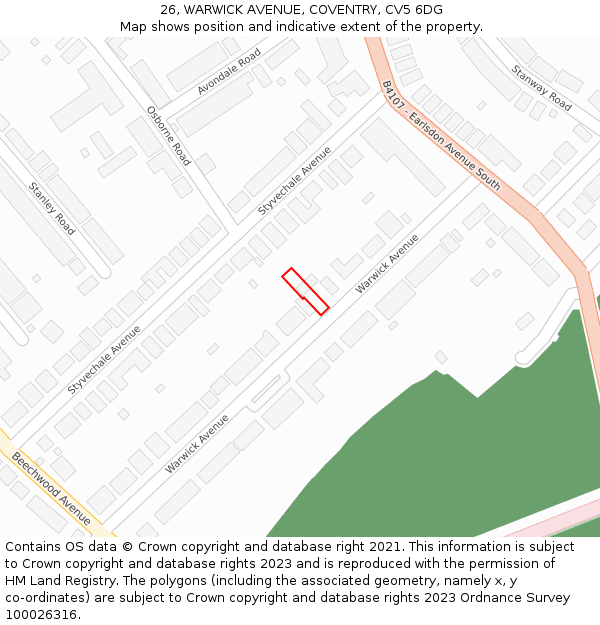 26, WARWICK AVENUE, COVENTRY, CV5 6DG: Location map and indicative extent of plot