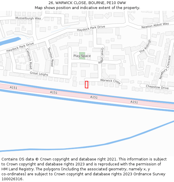 26, WARWICK CLOSE, BOURNE, PE10 0WW: Location map and indicative extent of plot