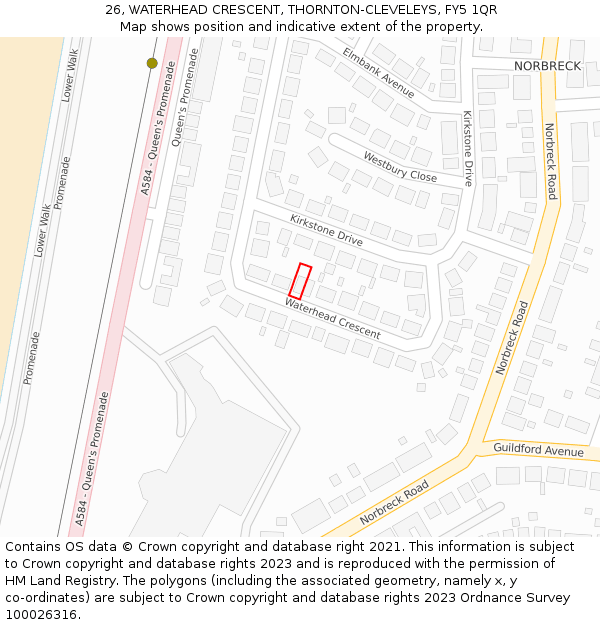 26, WATERHEAD CRESCENT, THORNTON-CLEVELEYS, FY5 1QR: Location map and indicative extent of plot