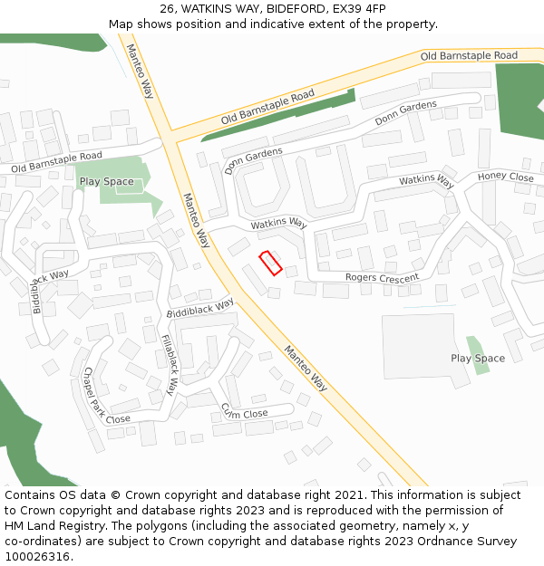 26, WATKINS WAY, BIDEFORD, EX39 4FP: Location map and indicative extent of plot