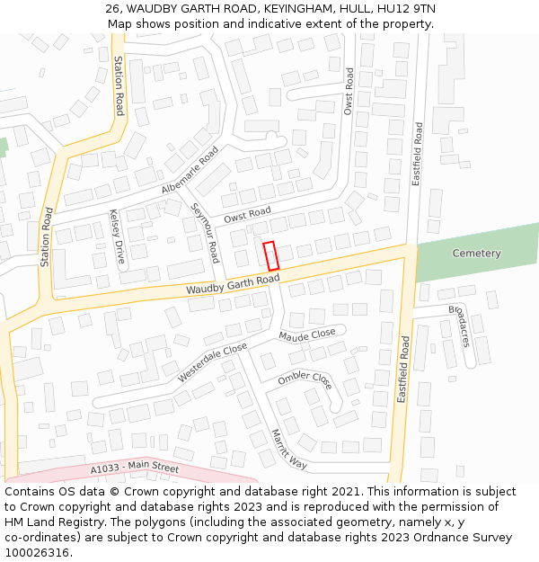 26, WAUDBY GARTH ROAD, KEYINGHAM, HULL, HU12 9TN: Location map and indicative extent of plot