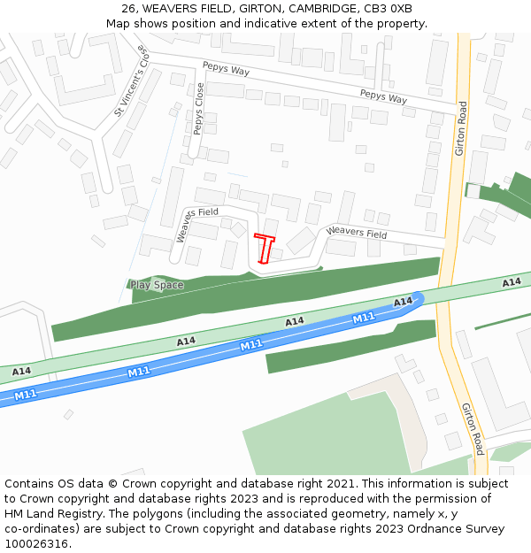 26, WEAVERS FIELD, GIRTON, CAMBRIDGE, CB3 0XB: Location map and indicative extent of plot