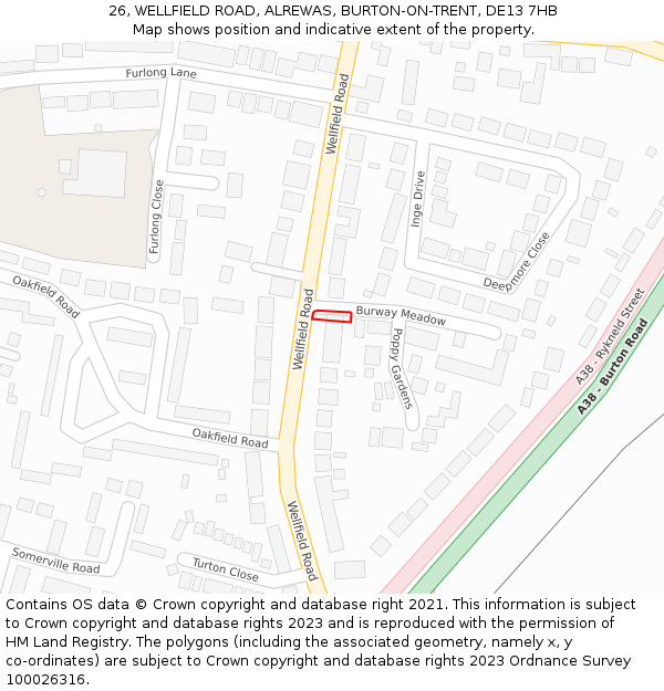 26, WELLFIELD ROAD, ALREWAS, BURTON-ON-TRENT, DE13 7HB: Location map and indicative extent of plot