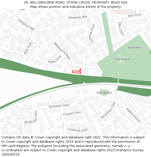 26, WELLSBOURNE ROAD, STONE CROSS, PEVENSEY, BN24 5QX: Location map and indicative extent of plot