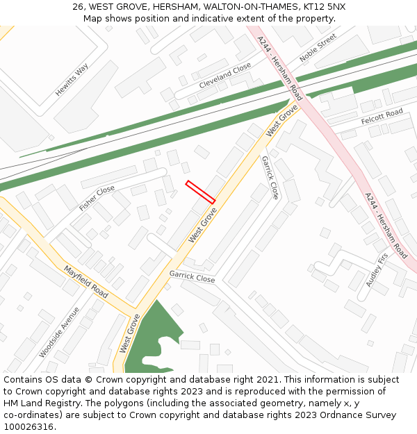 26, WEST GROVE, HERSHAM, WALTON-ON-THAMES, KT12 5NX: Location map and indicative extent of plot