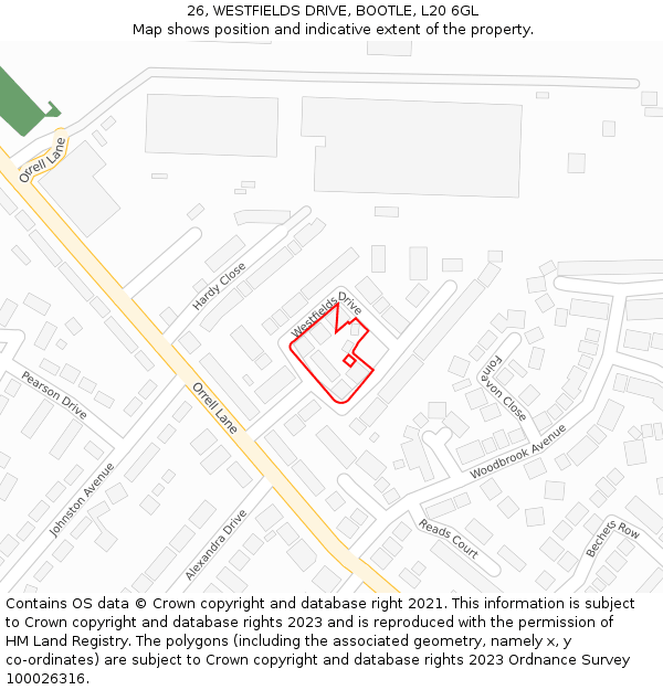 26, WESTFIELDS DRIVE, BOOTLE, L20 6GL: Location map and indicative extent of plot