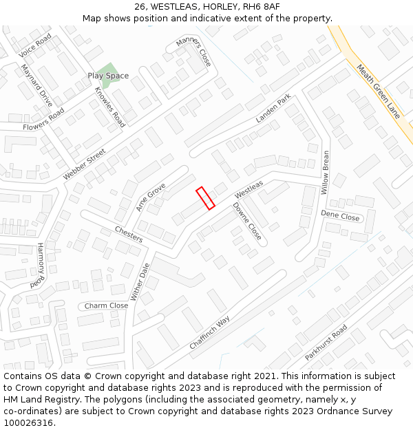 26, WESTLEAS, HORLEY, RH6 8AF: Location map and indicative extent of plot