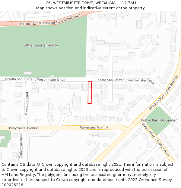 26, WESTMINSTER DRIVE, WREXHAM, LL12 7AU: Location map and indicative extent of plot