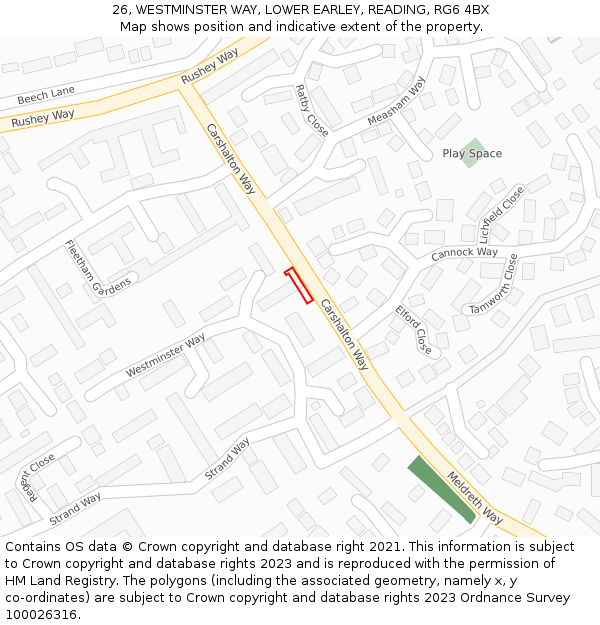 26, WESTMINSTER WAY, LOWER EARLEY, READING, RG6 4BX: Location map and indicative extent of plot