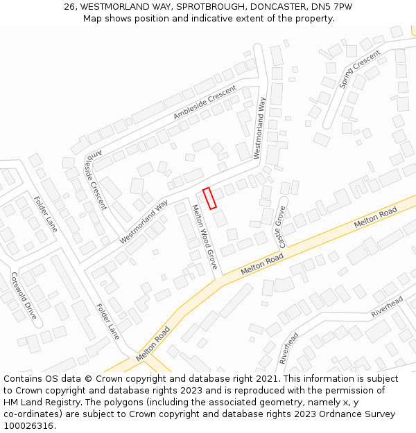 26, WESTMORLAND WAY, SPROTBROUGH, DONCASTER, DN5 7PW: Location map and indicative extent of plot