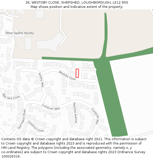 26, WESTOBY CLOSE, SHEPSHED, LOUGHBOROUGH, LE12 9SS: Location map and indicative extent of plot