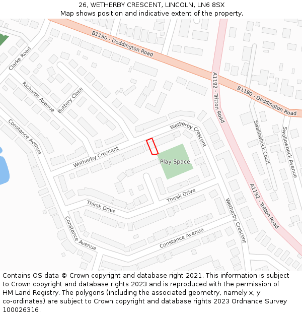 26, WETHERBY CRESCENT, LINCOLN, LN6 8SX: Location map and indicative extent of plot