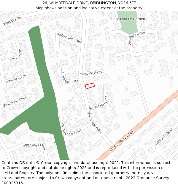 26, WHARFEDALE DRIVE, BRIDLINGTON, YO16 6FB: Location map and indicative extent of plot