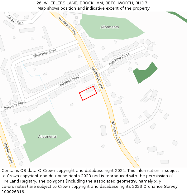 26, WHEELERS LANE, BROCKHAM, BETCHWORTH, RH3 7HJ: Location map and indicative extent of plot