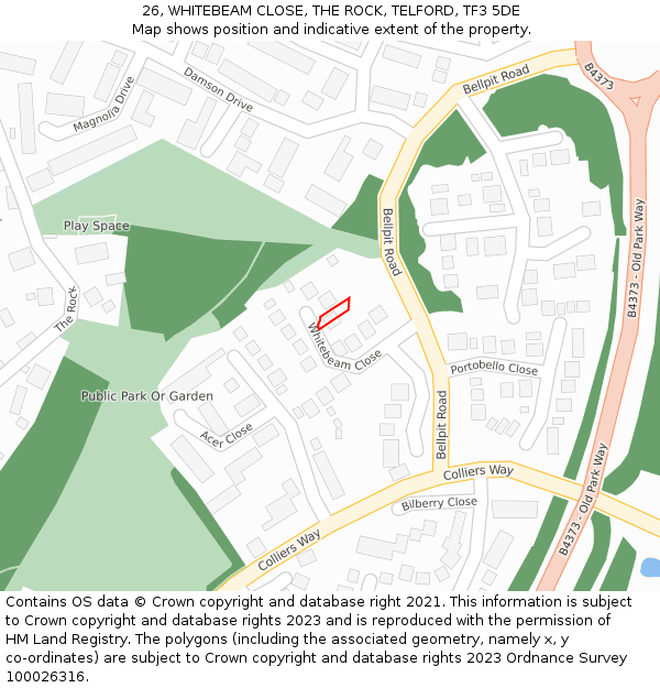 26, WHITEBEAM CLOSE, THE ROCK, TELFORD, TF3 5DE: Location map and indicative extent of plot