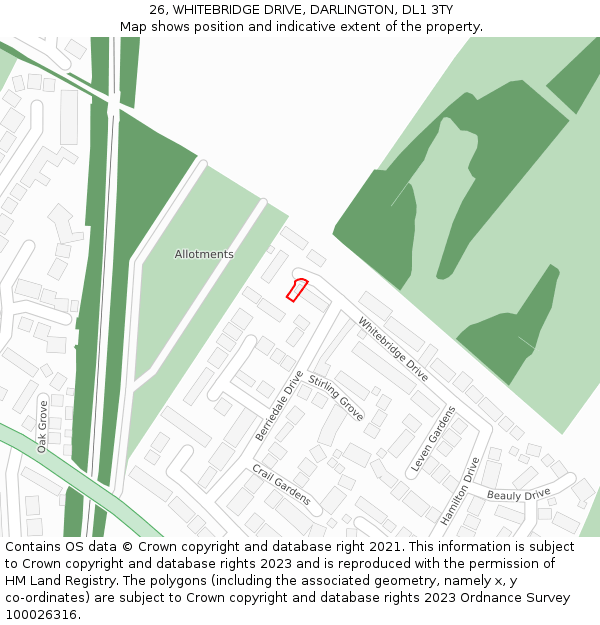 26, WHITEBRIDGE DRIVE, DARLINGTON, DL1 3TY: Location map and indicative extent of plot