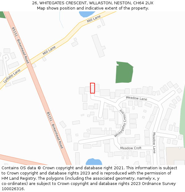 26, WHITEGATES CRESCENT, WILLASTON, NESTON, CH64 2UX: Location map and indicative extent of plot