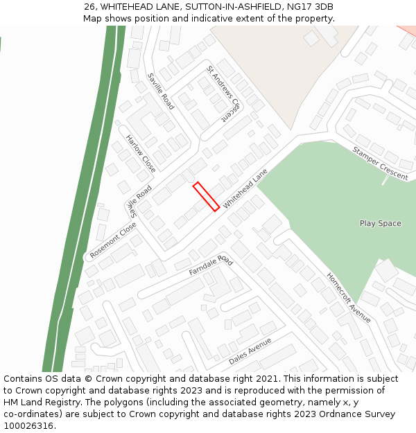 26, WHITEHEAD LANE, SUTTON-IN-ASHFIELD, NG17 3DB: Location map and indicative extent of plot