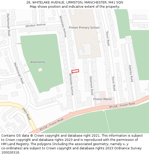 26, WHITELAKE AVENUE, URMSTON, MANCHESTER, M41 5QN: Location map and indicative extent of plot