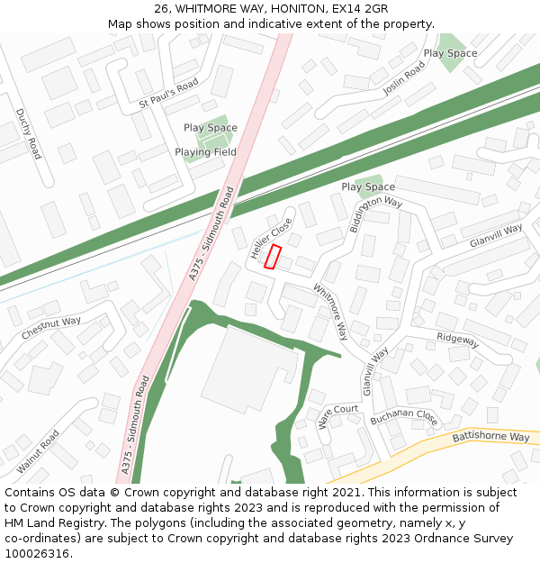 26, WHITMORE WAY, HONITON, EX14 2GR: Location map and indicative extent of plot