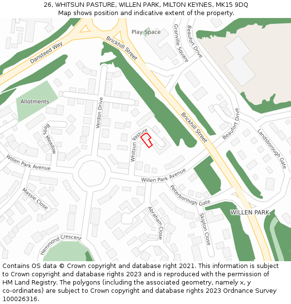 26, WHITSUN PASTURE, WILLEN PARK, MILTON KEYNES, MK15 9DQ: Location map and indicative extent of plot