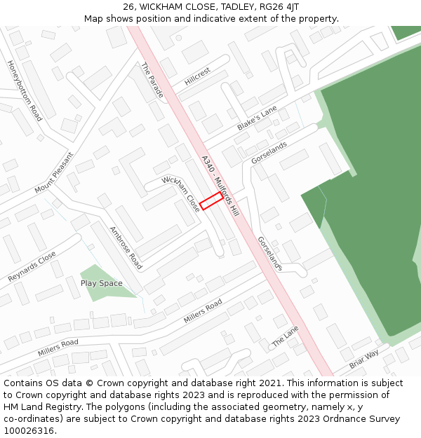 26, WICKHAM CLOSE, TADLEY, RG26 4JT: Location map and indicative extent of plot