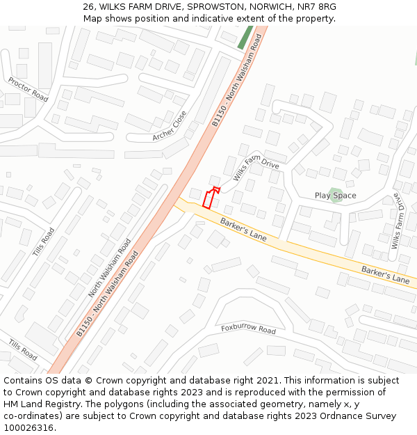 26, WILKS FARM DRIVE, SPROWSTON, NORWICH, NR7 8RG: Location map and indicative extent of plot