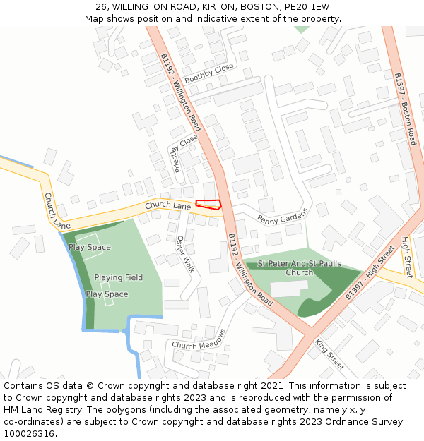 26, WILLINGTON ROAD, KIRTON, BOSTON, PE20 1EW: Location map and indicative extent of plot