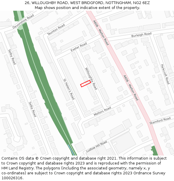 26, WILLOUGHBY ROAD, WEST BRIDGFORD, NOTTINGHAM, NG2 6EZ: Location map and indicative extent of plot