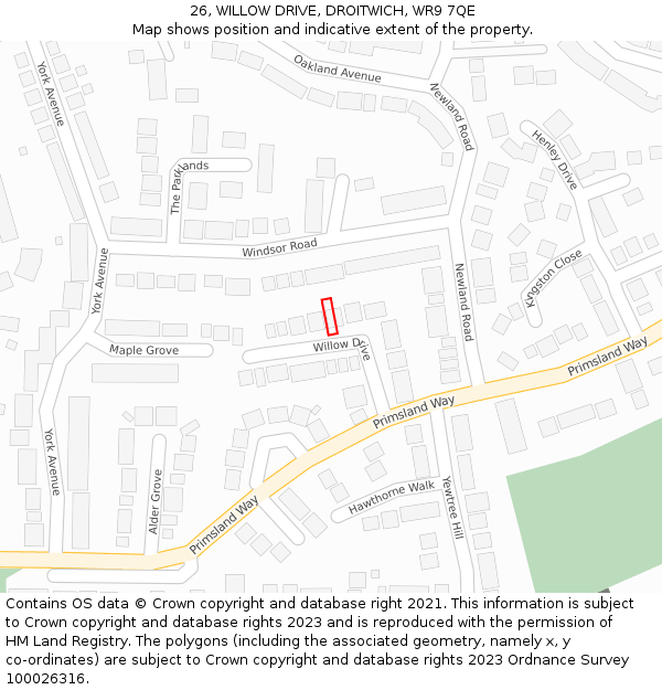 26, WILLOW DRIVE, DROITWICH, WR9 7QE: Location map and indicative extent of plot