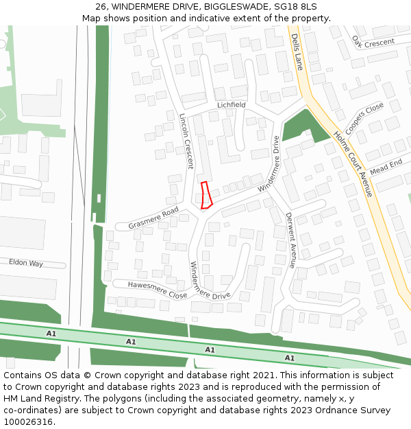 26, WINDERMERE DRIVE, BIGGLESWADE, SG18 8LS: Location map and indicative extent of plot