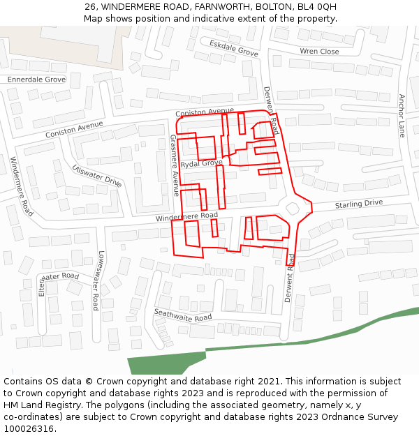 26, WINDERMERE ROAD, FARNWORTH, BOLTON, BL4 0QH: Location map and indicative extent of plot