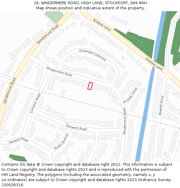 26, WINDERMERE ROAD, HIGH LANE, STOCKPORT, SK6 8AH: Location map and indicative extent of plot