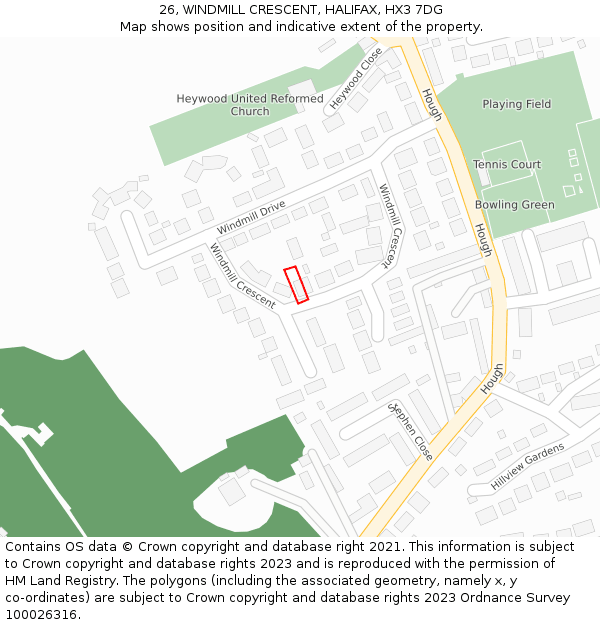 26, WINDMILL CRESCENT, HALIFAX, HX3 7DG: Location map and indicative extent of plot