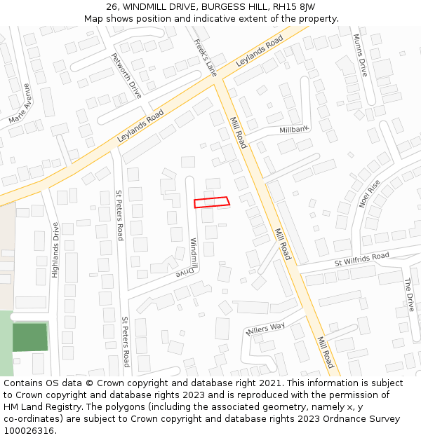 26, WINDMILL DRIVE, BURGESS HILL, RH15 8JW: Location map and indicative extent of plot