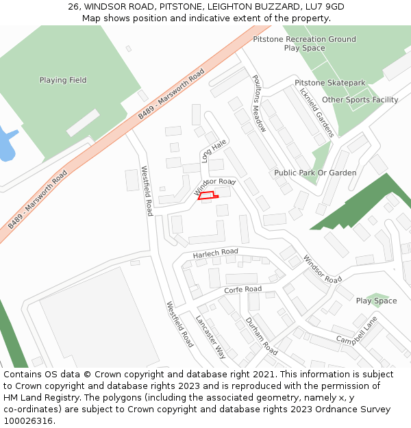 26, WINDSOR ROAD, PITSTONE, LEIGHTON BUZZARD, LU7 9GD: Location map and indicative extent of plot