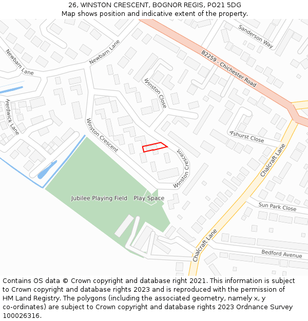 26, WINSTON CRESCENT, BOGNOR REGIS, PO21 5DG: Location map and indicative extent of plot