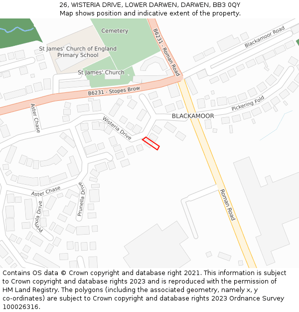 26, WISTERIA DRIVE, LOWER DARWEN, DARWEN, BB3 0QY: Location map and indicative extent of plot