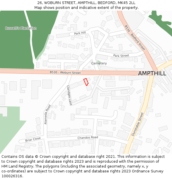 26, WOBURN STREET, AMPTHILL, BEDFORD, MK45 2LL: Location map and indicative extent of plot